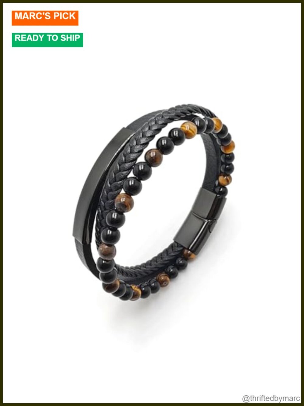 Men's Tiger Eye & Onyx Beaded Genuine Leather Bracelet with Stainless Steel